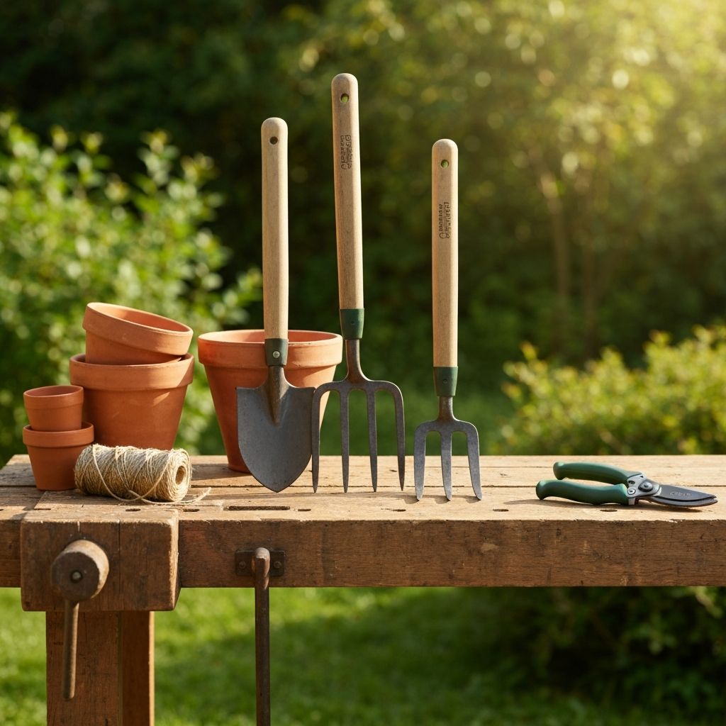Professional garden tools on rustic workbench