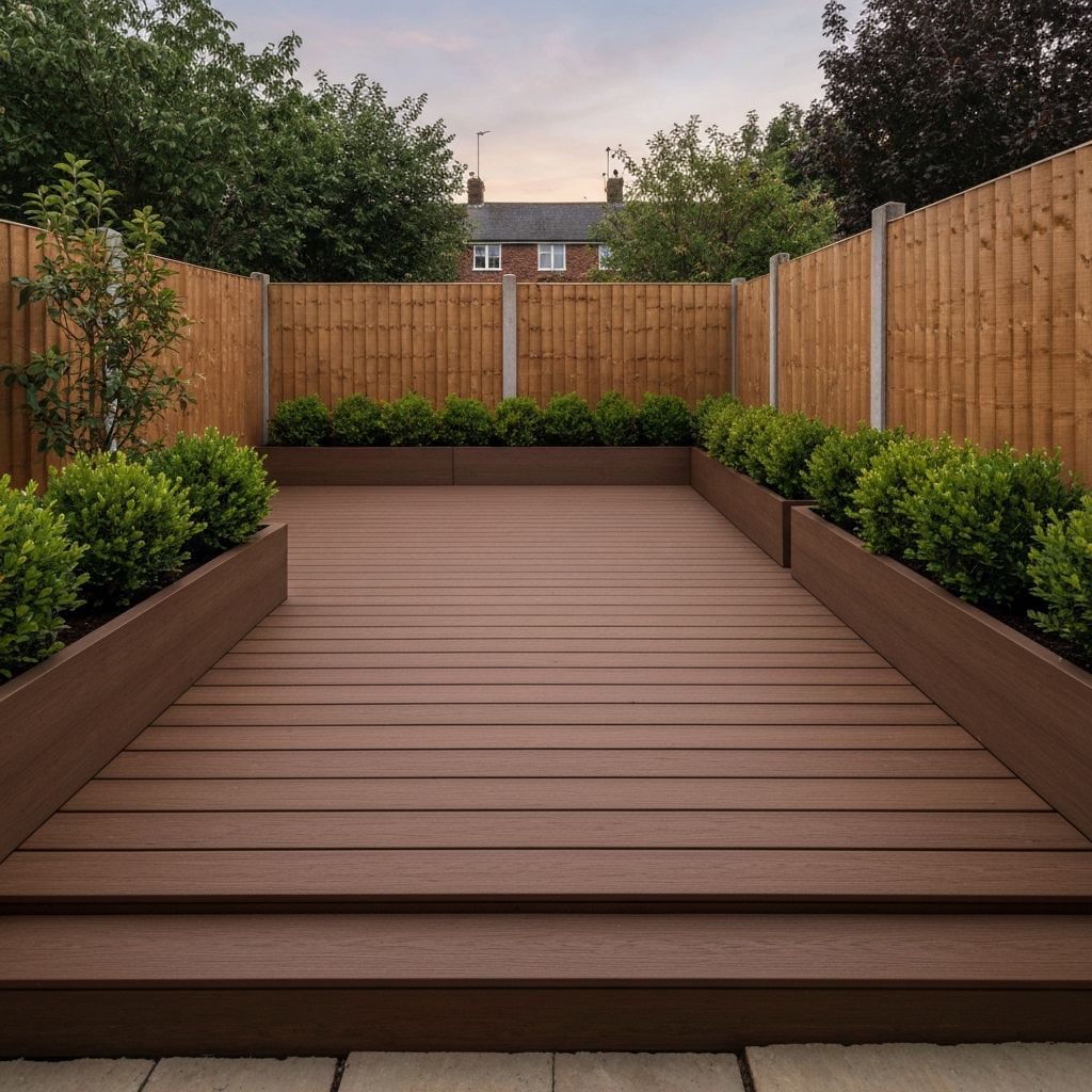 Wooden composite decking area in residential garden
