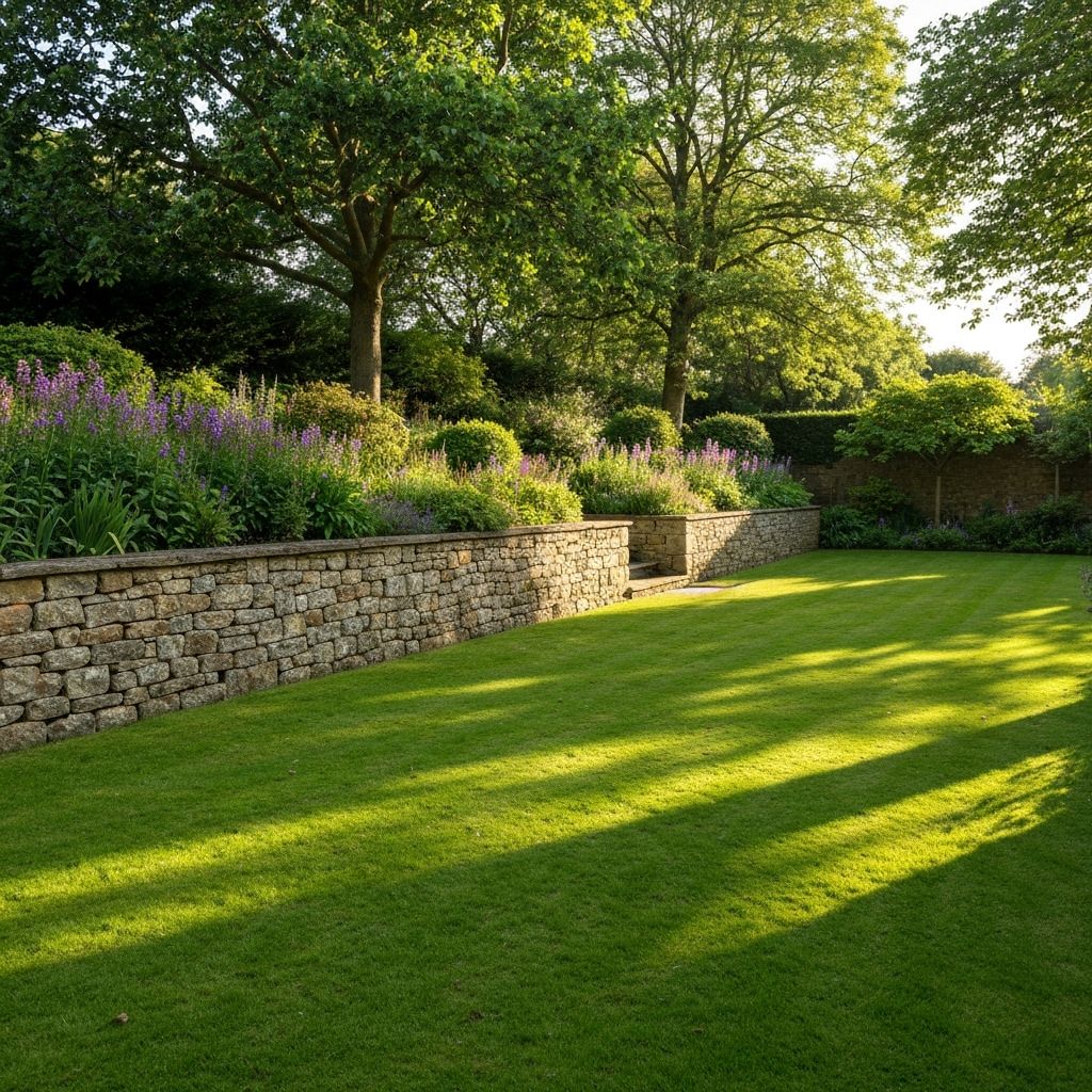 Beautiful English garden with multiple levels and colourful planting