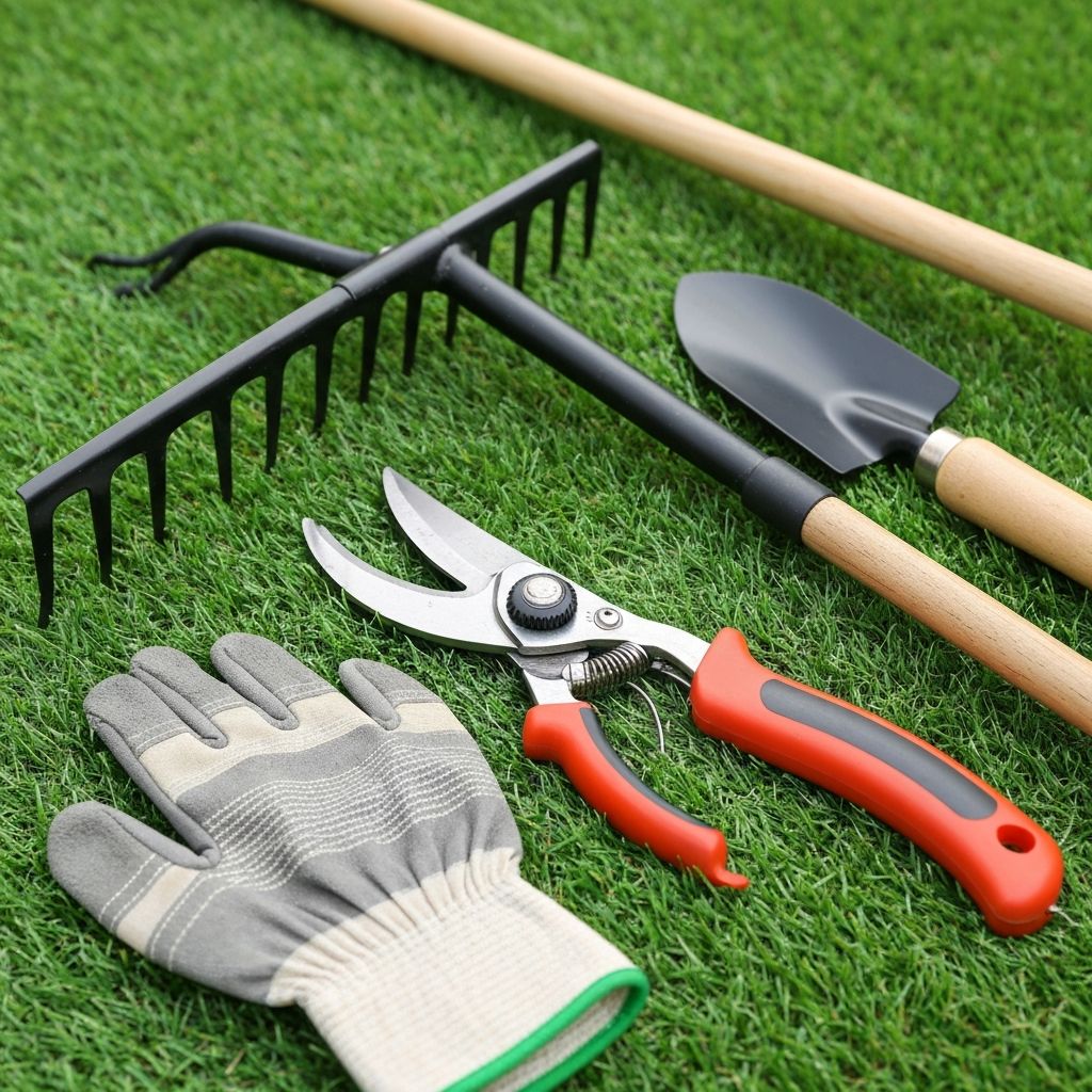 Professional garden maintenance tools on green grass
