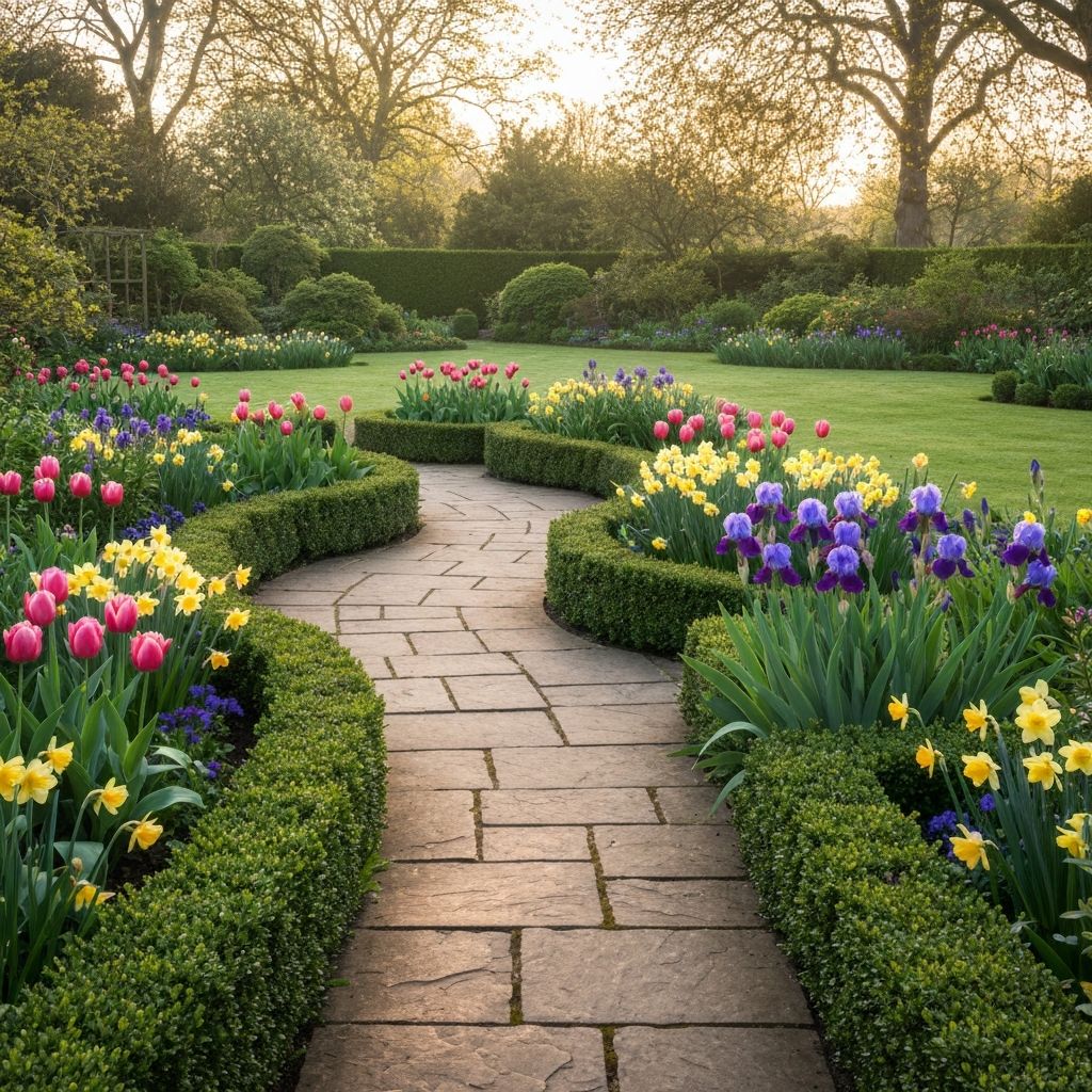 Beautiful cottage garden with stone pathway