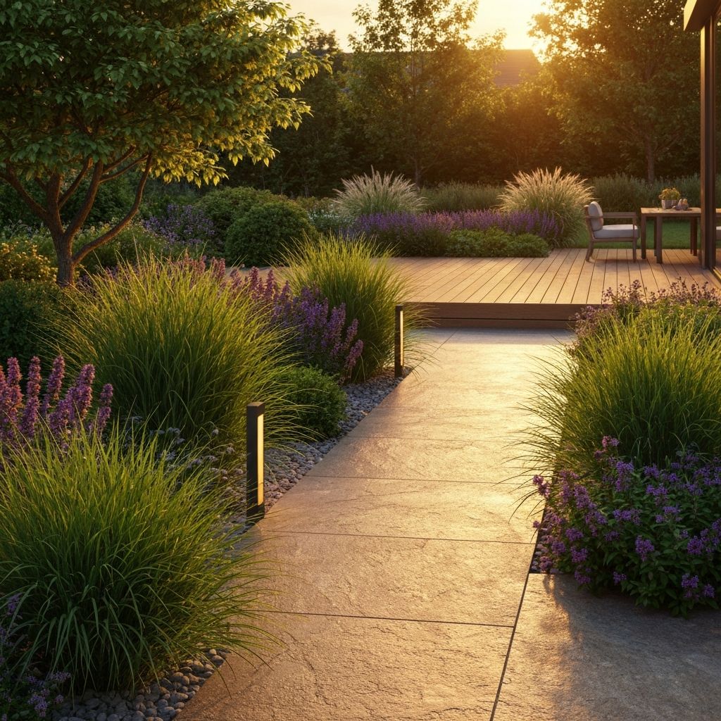 Modern garden patio with natural stone paving