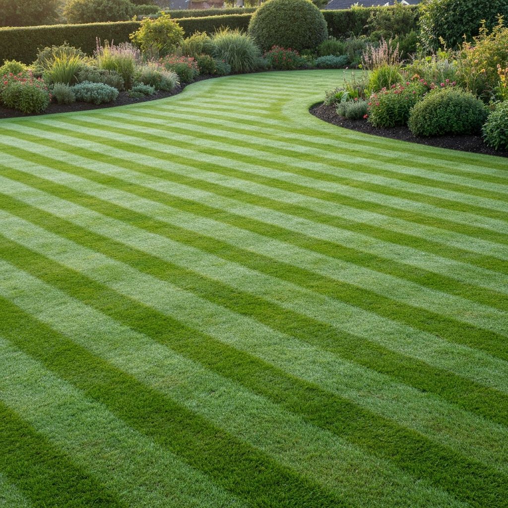 Perfectly striped freshly mowed green lawn