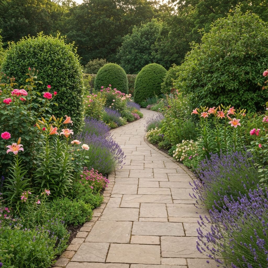 Elegant curved garden pathway made of natural stone pavers