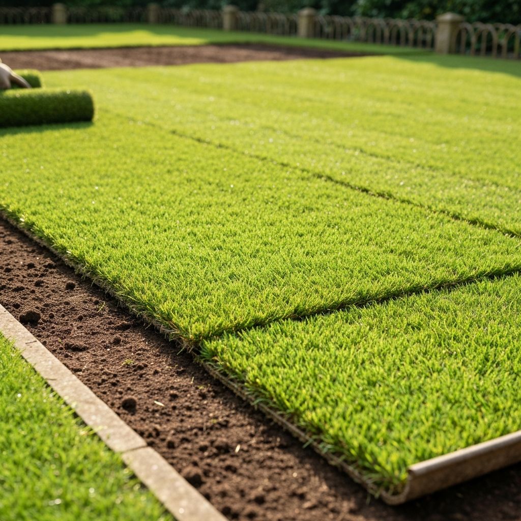 Freshly laid turf in English garden